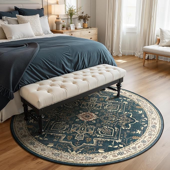 Vintage Round Rugs 6ft, Low Pile Thin Circle Area Rugs for Bedroom Living Room Washable Non Slip, Vintage Medallion Distressed Round Carpet for Kitchen Dining Room, Deep Blue/Multi