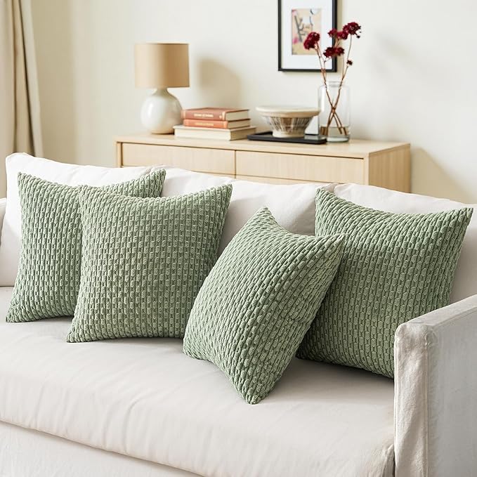 MIULEE Sage Green Decorative Throw Pillow Covers for Couch Living Room 18x18 Inch Soft Pillow Cases Set of 4 Boho Striped Corduroy Farmhouse Cushion Covers Spring Home Decor for Sofa Bed