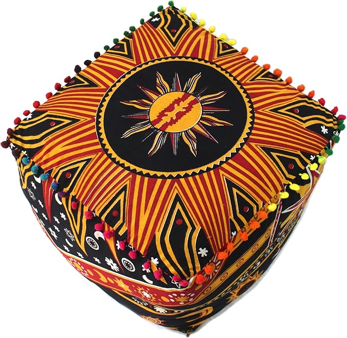 CRAFT KALA Square Mandala Floor Pillow Cushion Cover Seating Throw Cover Hippie Decorative Bohemian Ottoman Poufs Cover Pillow Cases Cotton Living Room Home Décor 16X16X14 inches, Orange Burning Sun
