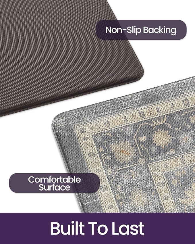 DEXI Kitchen Floor Mats Anti Fatigue, 17x59 Cushioned Vintage Runner Rug Waterproof, Standing Comfort Memory Foam Padded for Front Sink Laundry Office, Dark Grey