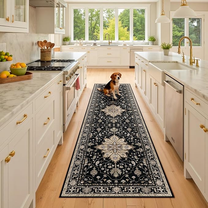 Area Rugs 2'6''x8' Runner Rug Non Slip Washable for Kitchen Hallway Bedroom Beside Laundry Room Bathroom Rug, Floor Carpet, Black Brown Neutral Dark Tan