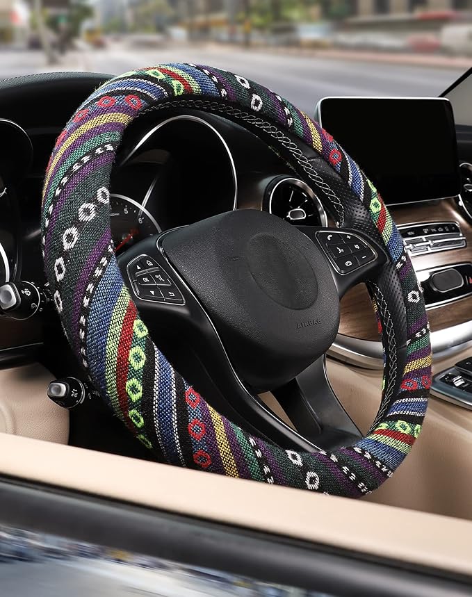 SEG Direct Boho Steering Wheel Cover with Baja Blanket Cloth, Ethnic Style Auto Wheel Cover Made of Coarse Flax, Fits 14 1/2-15 1/4 inches Car Wheel
