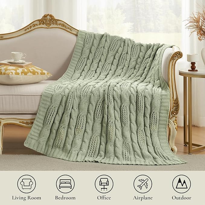 Amélie Home Chunky Knit Chenille Throw Blanket, Dual-Sided Soft Chenille Breathable Cable Knitted Blanket for Couch, Farmhouse Decorative Throw for Sofa & Chair, 60"x80", Sage Green