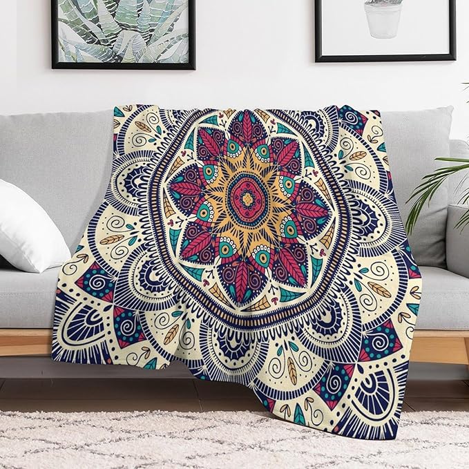 Abstract Mandala Throw Blanket Indian Hippie Bohemian Art Floral Texture Pattern Blanket for Sofa Bed Couch Chair Or Dorm 50"x60"