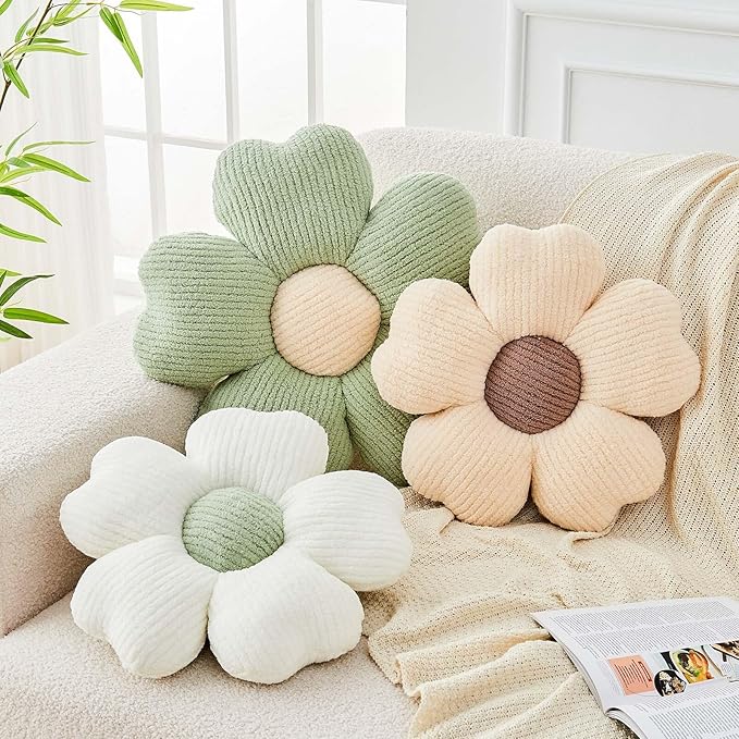 Flower Throw Pillow, Cute Flower Shaped Pillow Decorative Throw Pillow for Bed Couch, Soft Daisy Pillows Floor Seating Cushion Cushions (14.9 Inch Ivory+Brown)