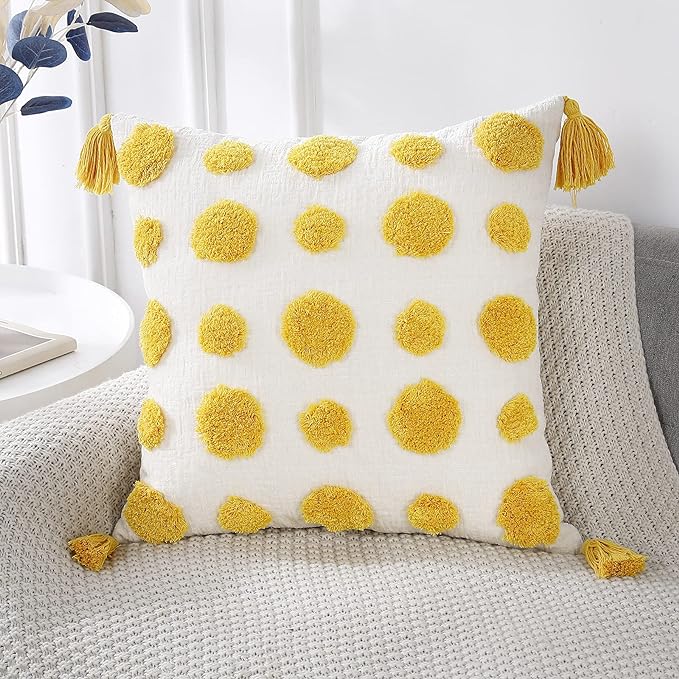 PANOD Super Soft Farmhouse Decorative Plush Throw Pillow Covers 18 x 18 Yellow,Solid Pom pom Tufted with Tassels Modern Accent Boho Square Cushion Cover Pillow Case for Couch Sofa