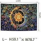 Sun and Moon Tapestry Psychedelic Mystic Floral Tapestry Hippie Boho Flower Plants Wall Tapestries Vintage Aesthetic Tapestries Wall Hanging for Bedroom