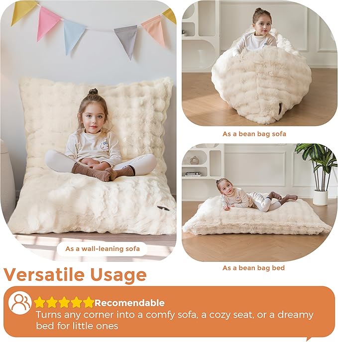 MAXYOYO 3 in 1 Kids Bean Bag Chair Bed, Child Floor Sofa for Gaming, Reading, Convertible Bean Bag Floor Cushion with Machine Washable Cover for Living Room Bedroom, Beige