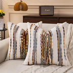 Boho Striped Throw Pillow Covers 18x18 Inch Set of 2 Farmhouse Decorative Pillow Covers Chenille Tufted Accent Neutral Pillowcase Brown White Cushion Cover for Living Room Couch Sofa Bed