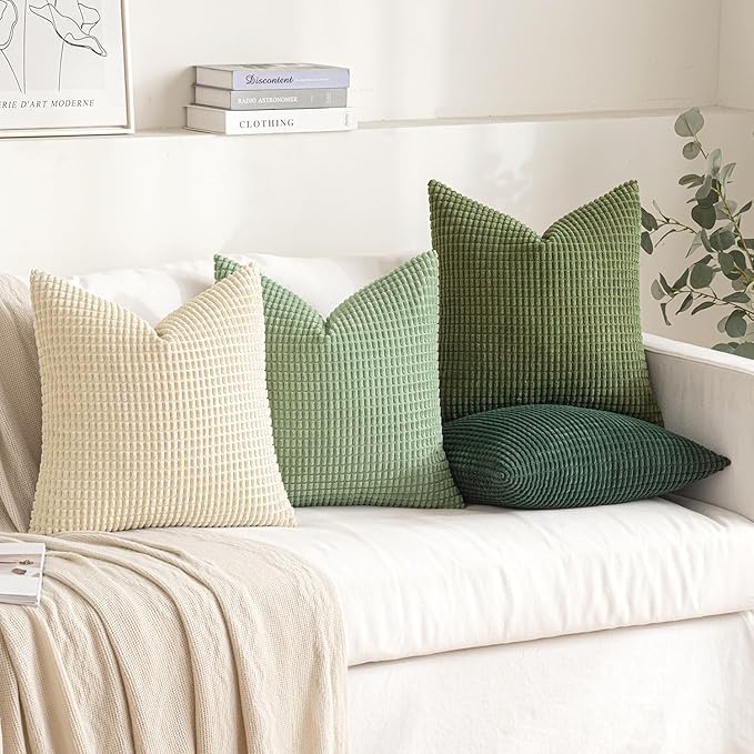MIULEE Natural Green Pillow Covers 18x18 Inch Set of 4 Spring Modern Nordic Neutral Throw Pillows Forest Inspired Soft Corduroy Summer Couch Pillowcases Home Decor for Sofa Living Room Bed