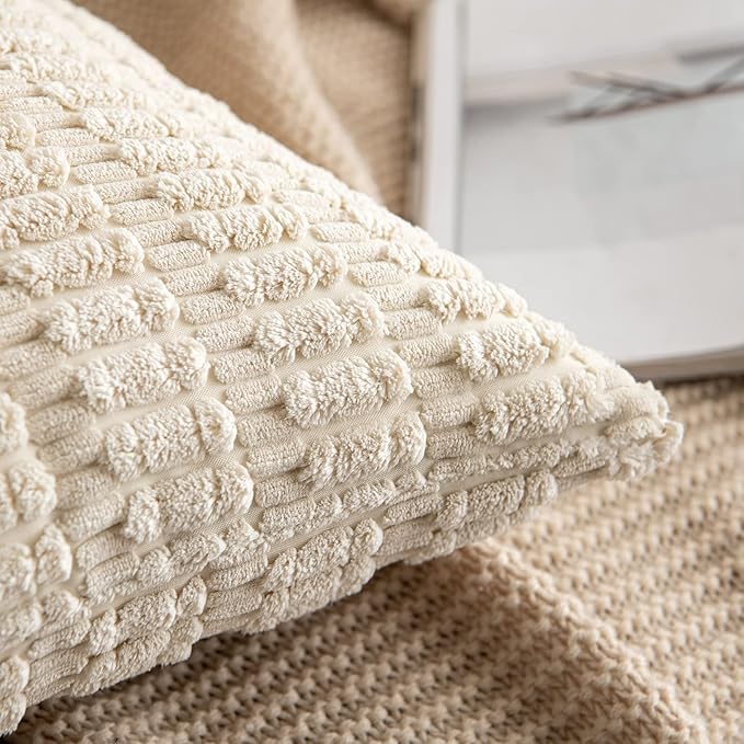 MIULEE Pack of 2 Corduroy Decorative Euro Sham Throw Pillow Covers 24x24 Inch Soft Boho Striped Pillow Covers Modern Farmhouse Home Decor for Sofa Living Room Couch Bed Cream White