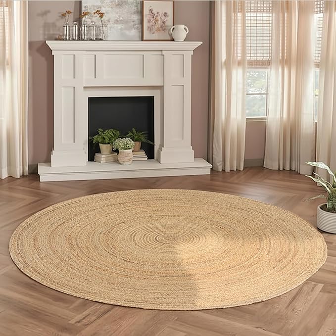 Ramanta Home Jute Braided Rug 8 Ft Round – Large Natural Farmhouse Area Rug, Handwoven Reversible Carpet for Living & Dinning Room, Bedroom, Kitchen, Nursery, Entryway – Boho Coastal Neutral Floor Mat