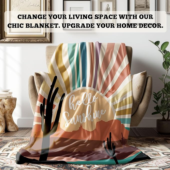Boho Western Blanket, Boho Western Abstract Colorful Sunshine Cactus Landscape Throw Blankets Gifts for Bed Couch Bedroom Living Room Home Decor, 50x60 Inches