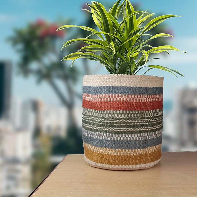 Sturdy Jute Planter Basket Modern Woven Basket for 8" Flower Pot Floor Indoor Planters, 10” x 10” Storage Organizer Basket Home Decor Boho Chic Storage Earth-Friendly Planter (10x10 Inches, Multi)