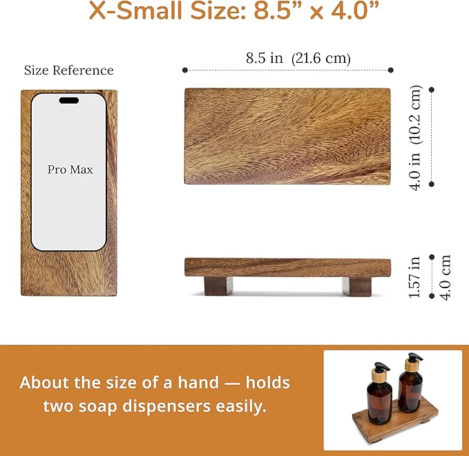 X-Small 8.5" Acacia Wood Riser Pedestal Stand, Farmhouse Bathroom and Kitchen Sink Decor, Decorative Wood Tray for Counter, Soap Dish Holder, Vanity Tray (XS: 8.5" x 4.0" x 1.57")