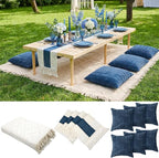 Extra Large Outdoor Boho Picnic Blanket 91'' x 71'' Blue Table Runner 6 Throw Pillow Cover Woven Cotton Yarn Oversize Beach Blanket Washable for Picnic Camp Wedding