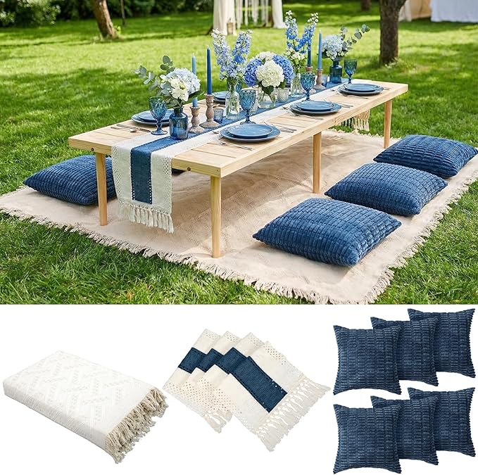 Extra Large Outdoor Boho Picnic Blanket 91'' x 71'' Blue Table Runner 6 Throw Pillow Cover Woven Cotton Yarn Oversize Beach Blanket Washable for Picnic Camp Wedding