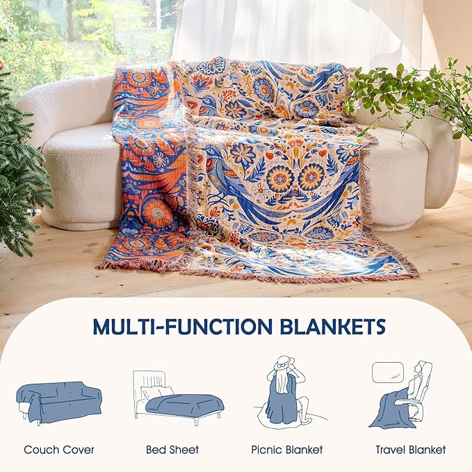 Boho Throw Blanket - 100% Cotton Ultra Soft Muslin Spring Blanket, 60"x80" Lightweight Floral Bird Framhouse Bedding Blanket for Bed, All Season Blue Bohemian Bedroom Home Decor Quilt
