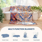 Boho Throw Blanket - 100% Cotton Ultra Soft Muslin Spring Blanket, 50"x60" Lightweight Floral Bird Framhouse Bedding Blanket for Bed, All Season Blue Bohemian Bedroom Home Decor Quilt