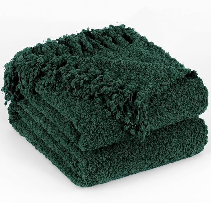 Throw Blanket for Couch, Dark Green Luxury Knitted Throws 50"x60", Textured Blankets with Handmade Fringe Tassels for Bed Sofa Decorative, Chunky Soft Farmhouse Boho Home Decor