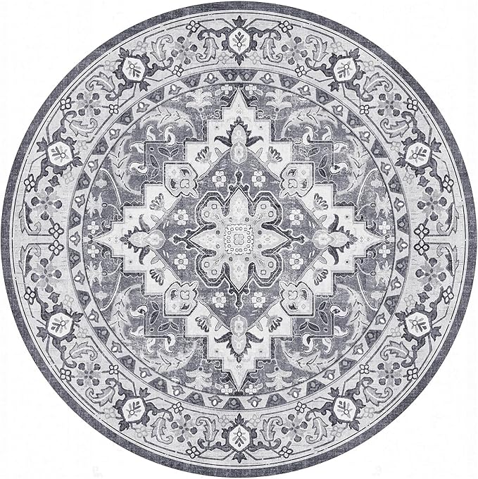 Lessymo 8FT Washable Round Area Rugs for Living Room, Non Slip Circle Rugs Low Pile Vintage Carpet for Bedroom, Dining Room, Nursery, Home Office, Grey Beige