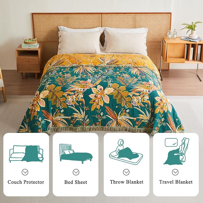 Boho Throw Blanket - 60"x80" Soft Cotton Throw Blanket Muslin Blankets for Bed, Reversible Lightweight Spring Blanket with Floral Printed, All Season Farmhouse Decor Rustic Blanket