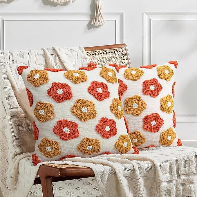 Adabana Chenille Flower Throw Pillow Cover 18x18 Boho Decorative Tufted Pillows Cover Soft Textured Accent Pillow for Couch Bed Sofa Living Room Bedroom, Yellow Orange