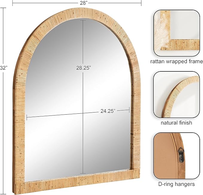 Kate and Laurel Rahfy Boho Arch Rattan Wall Mirror; 28 x 32; Natural Wood; Decorative Wooden Mirror with Authentic Rattan Frame for Bathroom Vanity Mirror