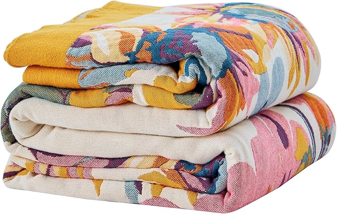 Boho Floral Throw Blanket, 100% Cotton Muslin Ultra Soft Sofa & Couch Cover, Bohemian Home Decor Gauze Quilt (Flower and Butterfly, 50"x60"(Throw))