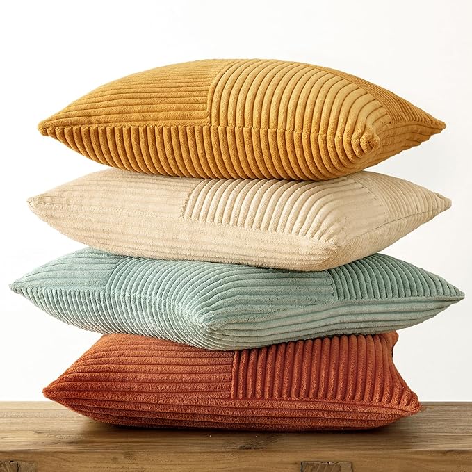MIULEE Teal-Orange Decorative Throw Pillow Covers 20x20 Inch Set of 4 Boho Corduroy Striped Cushion Cases Modern Farmhouse Patchwork Pillow Cases for Couch Sofa Bedroom Home Decor