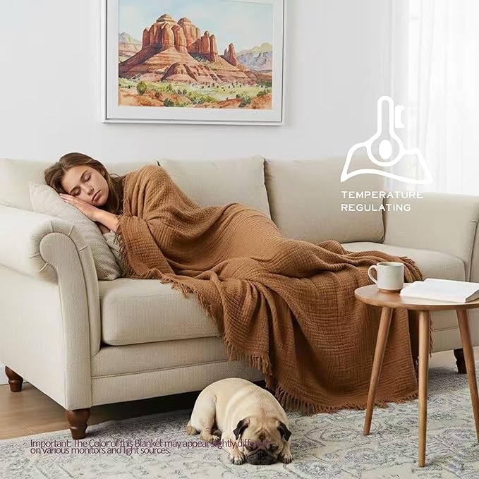 KyraHome Muslin Blankets for Adults Kids, 60"x80" Large 100% Cotton Throw Blanket Plant Dyed Lightweight Breathable Gauze Blanket for Couch, All Season (Brown)