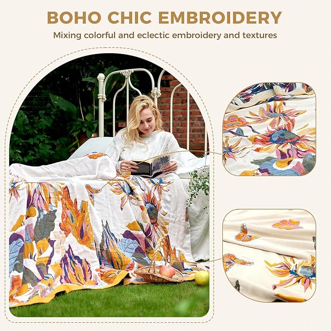 Boho Throw Blanket 100% Cotton Soft Bed Throw Twin Lightweight Spring Blanket Floral Bird and Butterfly Room Decor Breathable Bed Blankets,60"x80" All Season Reversible Blankets for Sofa Couch Chair
