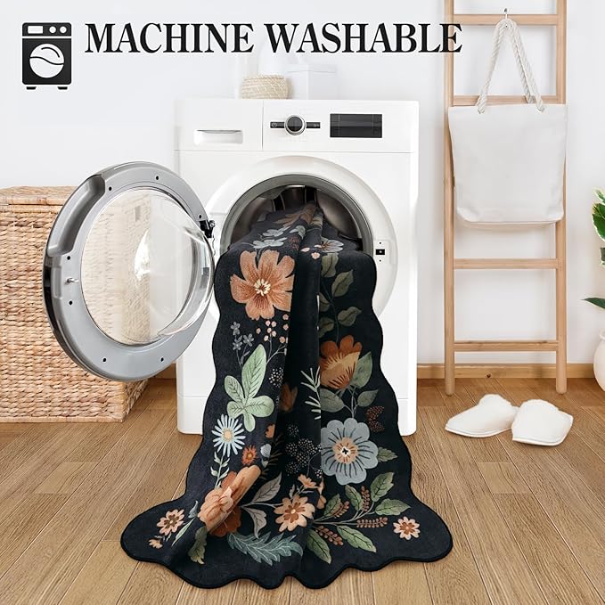Lahome Floral Hallway Runner Rug Non Slip, 2'6''x10' Washable Runner Ultra-Thin Soft Kitchen Runners for Hallways, Stain Resistan Carpet for Entryway Bathroom Flore (Black/Grey)