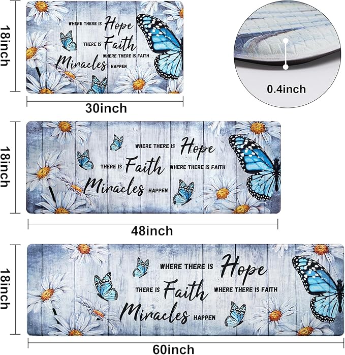 Likiyol Butterfly Floral Kitchen Mats for Floor Farmhouse Anti Fatigue Mats for Kitchen Floor, White Daisy Kitchen Rugs Non Slip Washable Floor Comfort Mats, 18'' x 30'' + 18'' x 48'' + 18'' x 60''