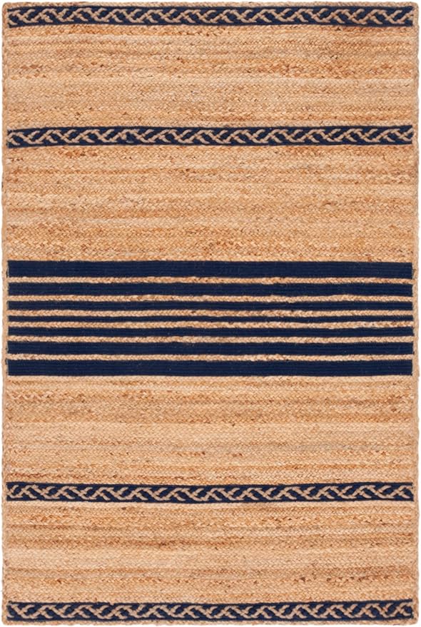SAFAVIEH Natural Fiber Collection Accent Rug - 3' x 5', Natural & Navy, Handmade Stripe Boho Farmhouse Rustic Braided Jute, Ideal for High Traffic Areas in Entryway, Living Room, Bedroom (NFB262N)
