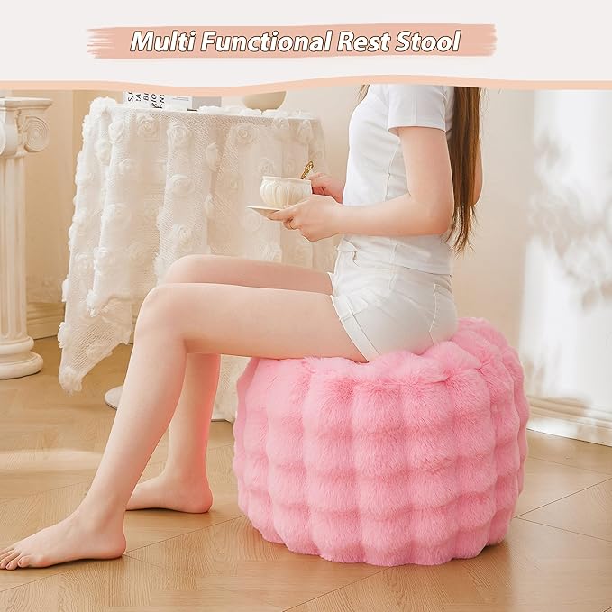 LIFEREVO Faux Rabbit Fur Round Inflatable Pouf Ottoman, 20" X 16" Plush Fuzzy Waffle Bubble Floor Poufs Foot Rest for Living Room Bedroom, Furry Pouf Chair Foot Stool Home Decor, Anti-Slip, Pink