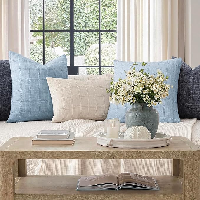 Foindtower Set of 2 Decorative Linen Check Throw Pillow Covers Neutral Farmhouse Vintage Cushion Covers Modern Boho Accent Home Decor for Sofa Chair Couch Bedroom Living Room,22×22 Inch,Sky Blue