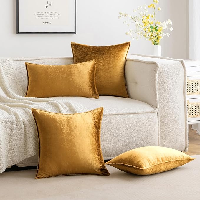 MIULEE Dark Gold Velvet Throw Pillow Covers 20x20 Soft Decorative Solid Square Cushion Cases Pack of 2 Modern Luxury Home Decor for Couch, Sofa, Bedroom