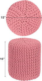 COTTON CRAFT Braided Round Pouf - Hand Knitted Cotton Cord Cable Dori Cylindrical Ottoman - Foot Stool - Floor Pouf - Footrest - Accent Seat - Living Room Bedroom Dorm Décor - 15 Round x 16 H - Pink