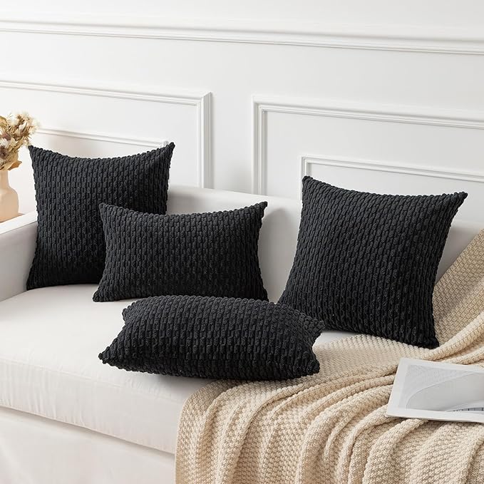 Kevin Textile 12x24 Inch Pillow Cover 1 Pack Boho Decorative Soft Striped Corduroy Lumbar Farmhouse Accent Rectangle Cushion Case for Living Room Couch Sofa Bed, Black