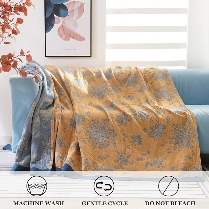 Boho Throw Blanket for Bed 100% Cotton Ultra Soft Rustic Quilt Spring Blanket Floral Printed Farmhouse Decor Bed Blankets,80"x90" All Season Rustic Throw for Sofa Couch Chair