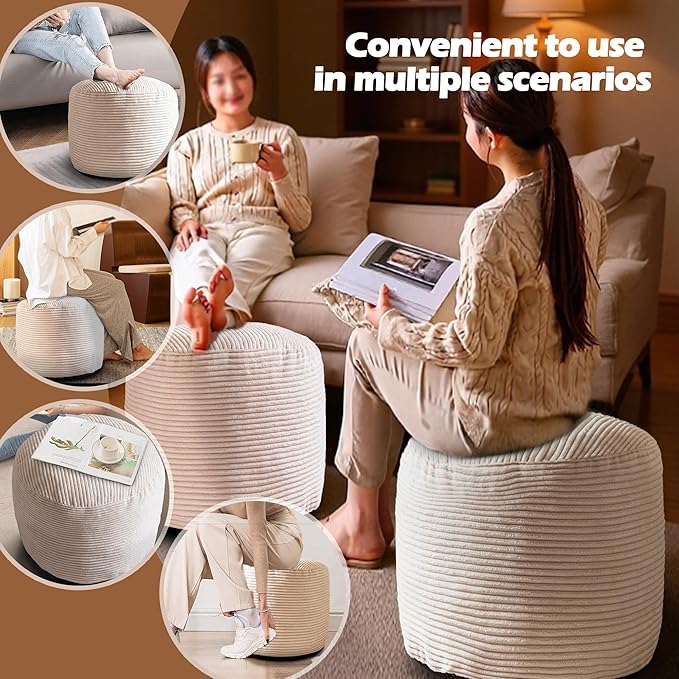 Sqodok Round Stuffed Pouf Ottoman for Foot Stools, 20"x 15" Corduroy Poufs Ottoman with Shredded Foam Filling, Washable Floor Poufs Foot Rest for Living Room Bedroom Home Decor and Office Chair