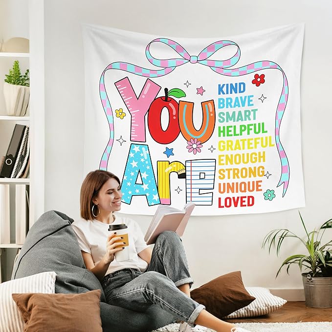 WARDOS Boho Positive Affirmations for Kids Tapestry, You Are Kind Inspirational Tapestry Wall Hanging, Coquette Bow Trendy Motivational Wall Blanket Decor for Kids Room Nursery Classroom, 50x60 Inch