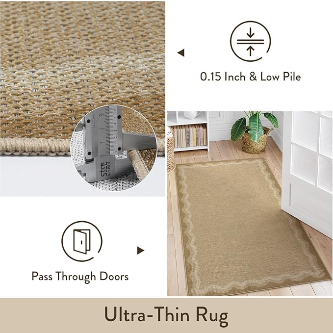LIVEBOX Scalloped Washable Outdoor 5x7 Rug, Easy Jute Tan Rug for Living Room, Indoor Geometric Rug for Bedroom, Farmhouse Rugs Dining Room Mat Modern Carpet Area Rug for Patio Home Office Decor