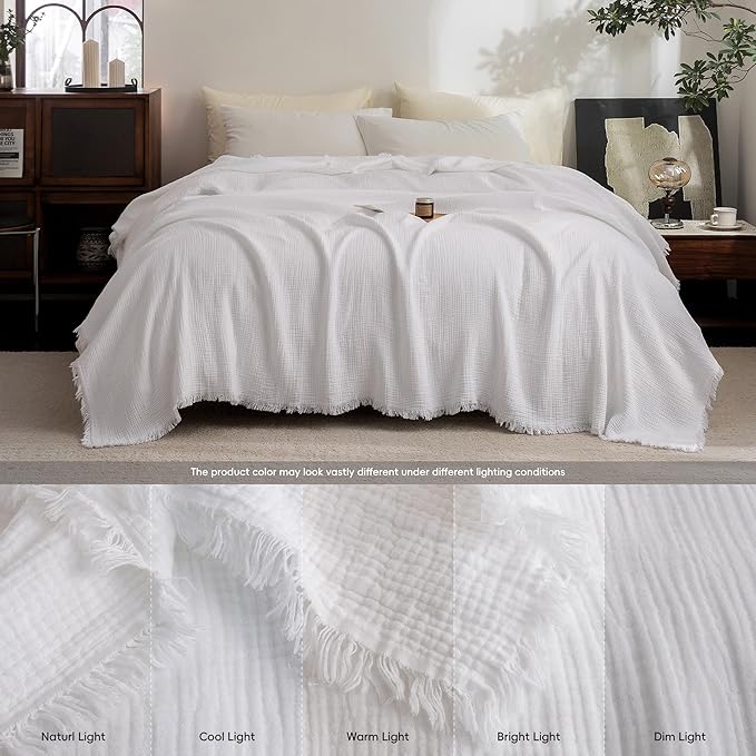 FOSSA Muslin Blanket with Fringe - 4-Layer 100% Cotton Gauze Super Soft & Breathable Throw -Lightweight Decorative Cooling Blanket for Bed, Sofa, Office -Throw XL Size 70" x 50" (Bright White)
