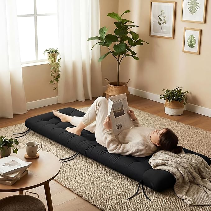 Long Floor Cushion Large Floor Cushion with Brushed Cotton 74.8 x 27.5 x 3.15 in Jumbo Lounger Pillow for Outdoor Indoor Bay Window Meditation Yoga Reading Sleeping(1 Pc,Black)