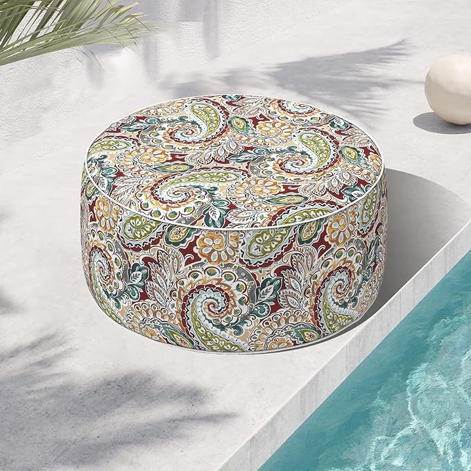 TWELAR Indoor/Outdoor Inflatable Ottoman, Water Repellent Round Foot Rest Ottomans D31 x H14 inch, Portable Footstool for Patio Garden Camping or Home, Paisley Chilli