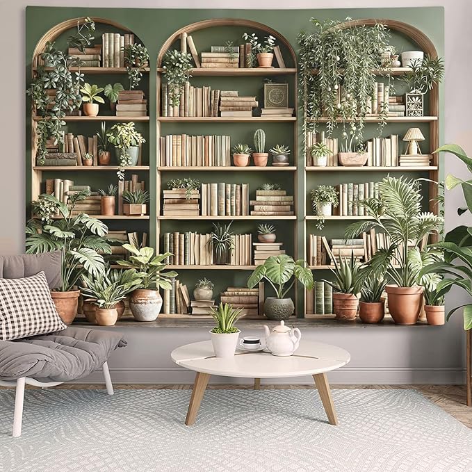 Accnicc Sage Green Plant Bookshelf Tapestry Botanical Bookshelf Tapestries Wall Hanging Vintage Potted Plants Library Backdrop Large Tapestry for Bedroom Living Room Dorm 80 x 60 inch
