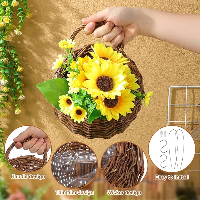 Yardwe 2Pcs Woven Wall Hanging Flower Baskets, Rattan Hanging Planters for Indoor Plants, Rustic Wall Decor Storage Containers, 12.20 X 10.62 X 4.72 Inches