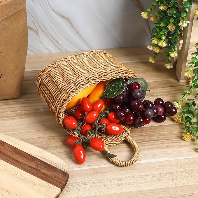 Woven Hanging Storage Basket for Kitchen 9.64X7.48X3.93In Rattan Wall Basket with Hook for Garlic Ginger Onion Potato Organization
